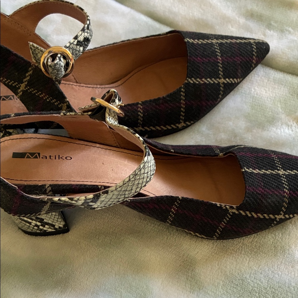 Matiko Black Plaid Pointed-Toe Mary Jane Pumps with Snakeskin Strap